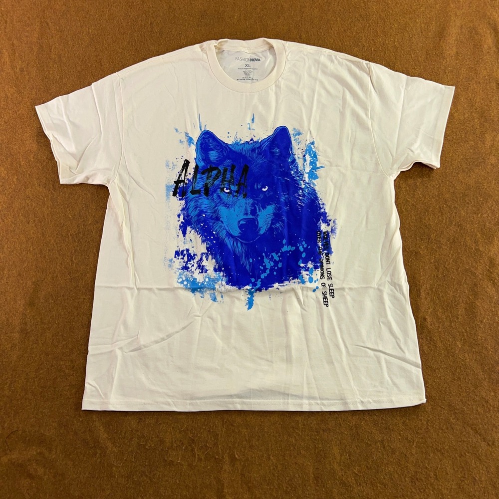 Fashion Nova Mens XL Cream Blue Alpha Wolf Graphic T-Shirt New